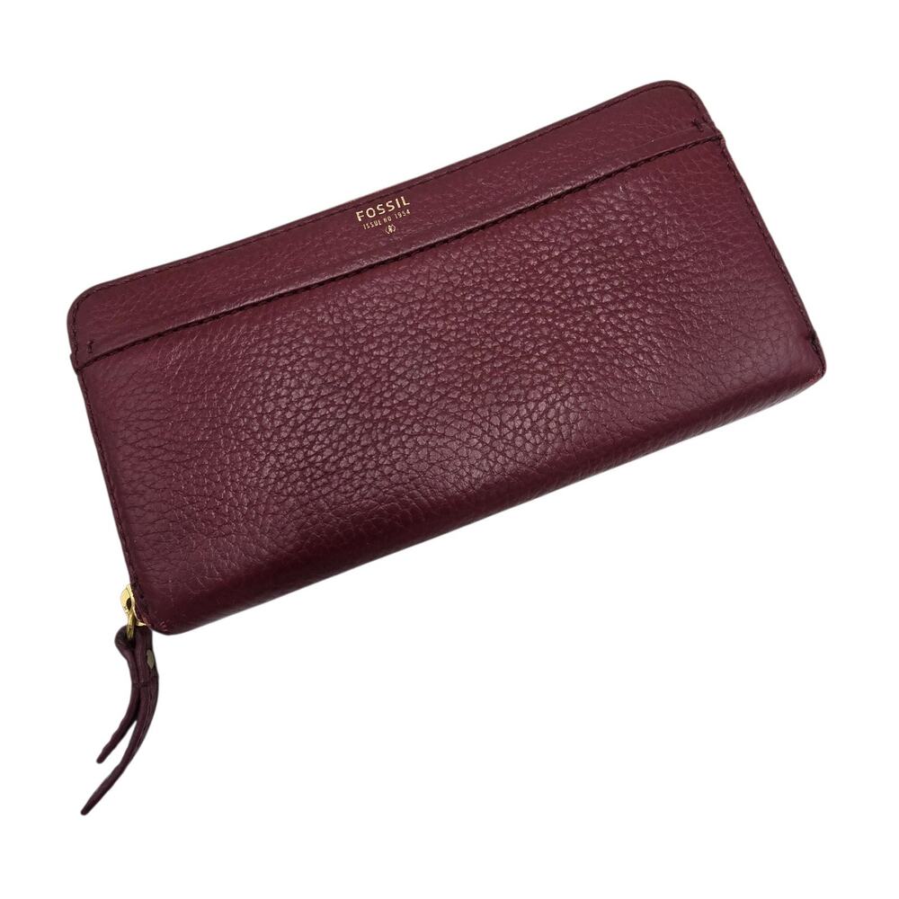 Fossil Maroon Leather Wallet Zip Around Inside Dividers Zip Pocket 4"x8"x1" Slim